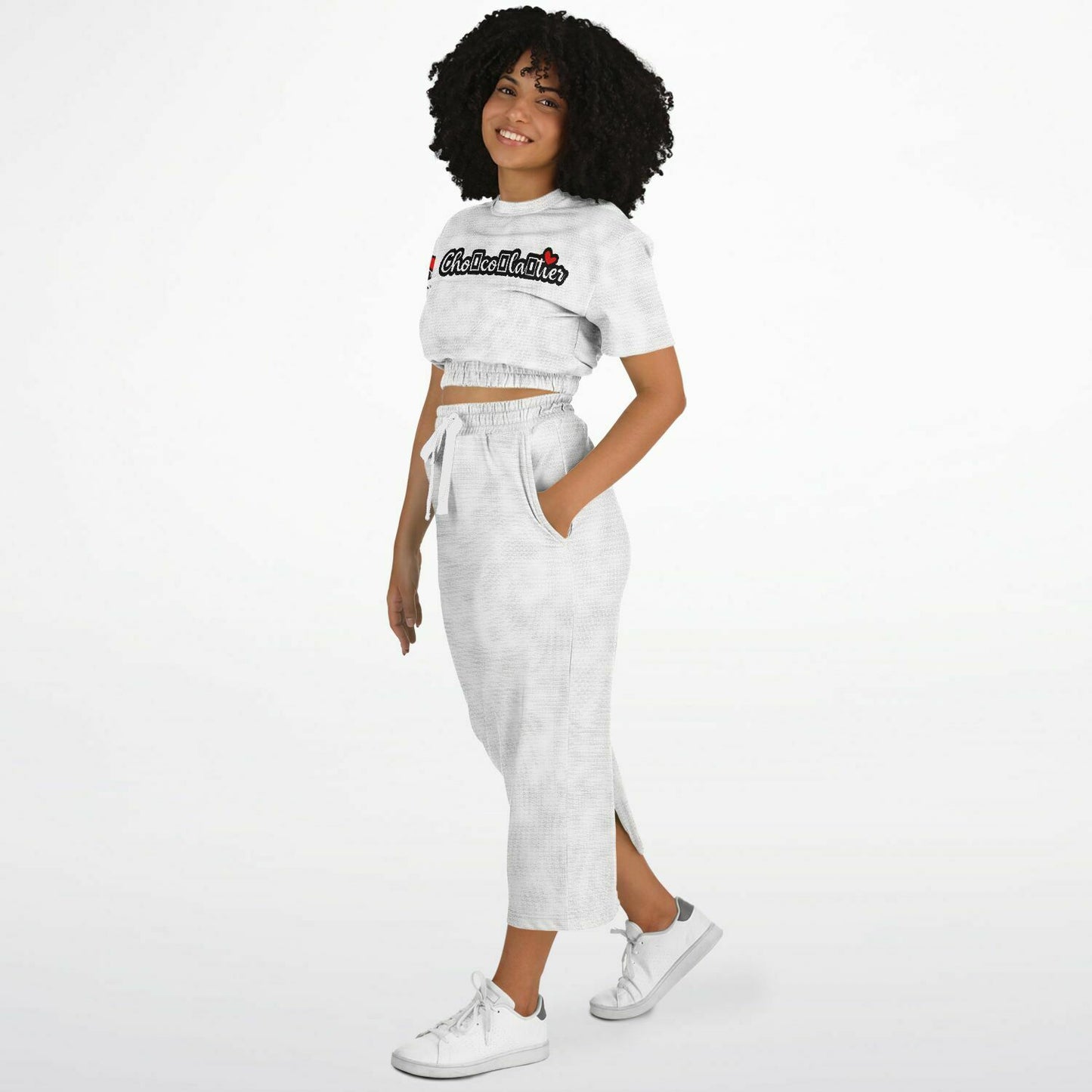 FRAIS DeLuxe Chocolatier Cropped Short Sleeve Sweatshirt and Long Pocket Skirt Set